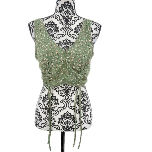 Iris Green Floral Ruched Crop Top Button Front Tank with Adjustable Ties - Picture 10 of 13